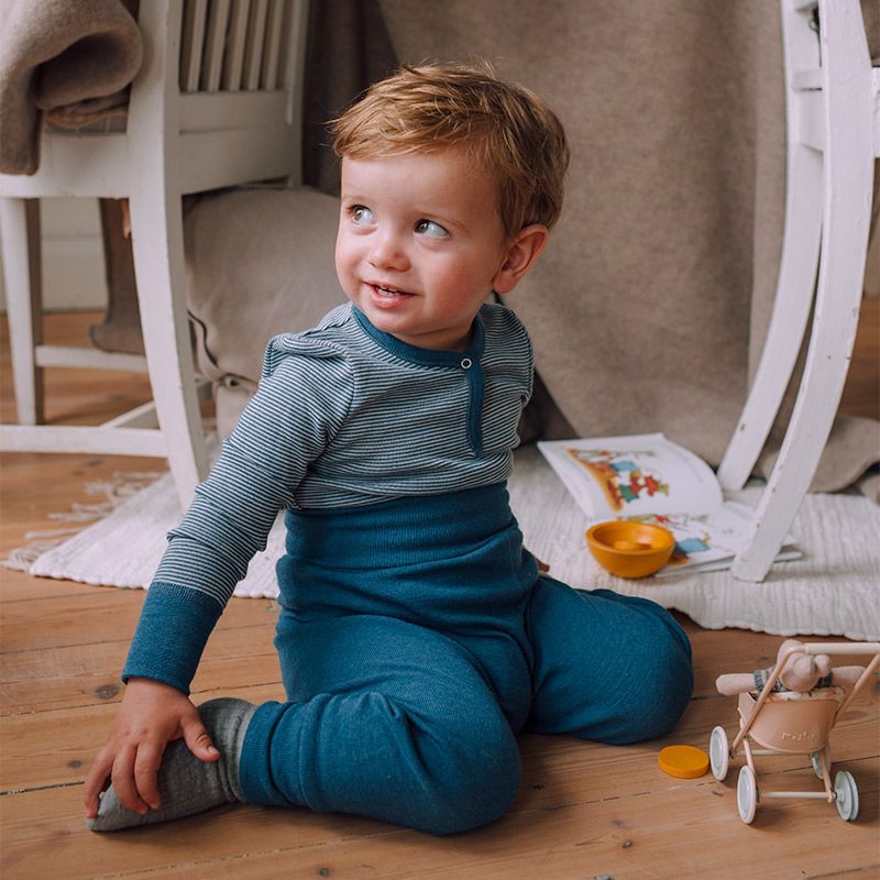 Babytrøye i ull med silke - Dongeriblå/natur