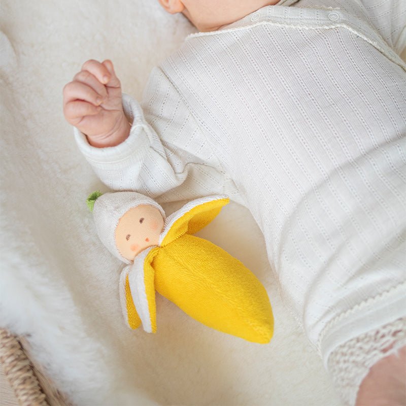 Banandocka med skallra, 15cm, bomullsfrotté, Gul